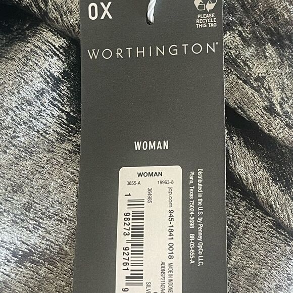 Worthington 0X Shimmering Silver Blouse Keyhole Neck Short Sleeve Satin - Picture 7 of 12